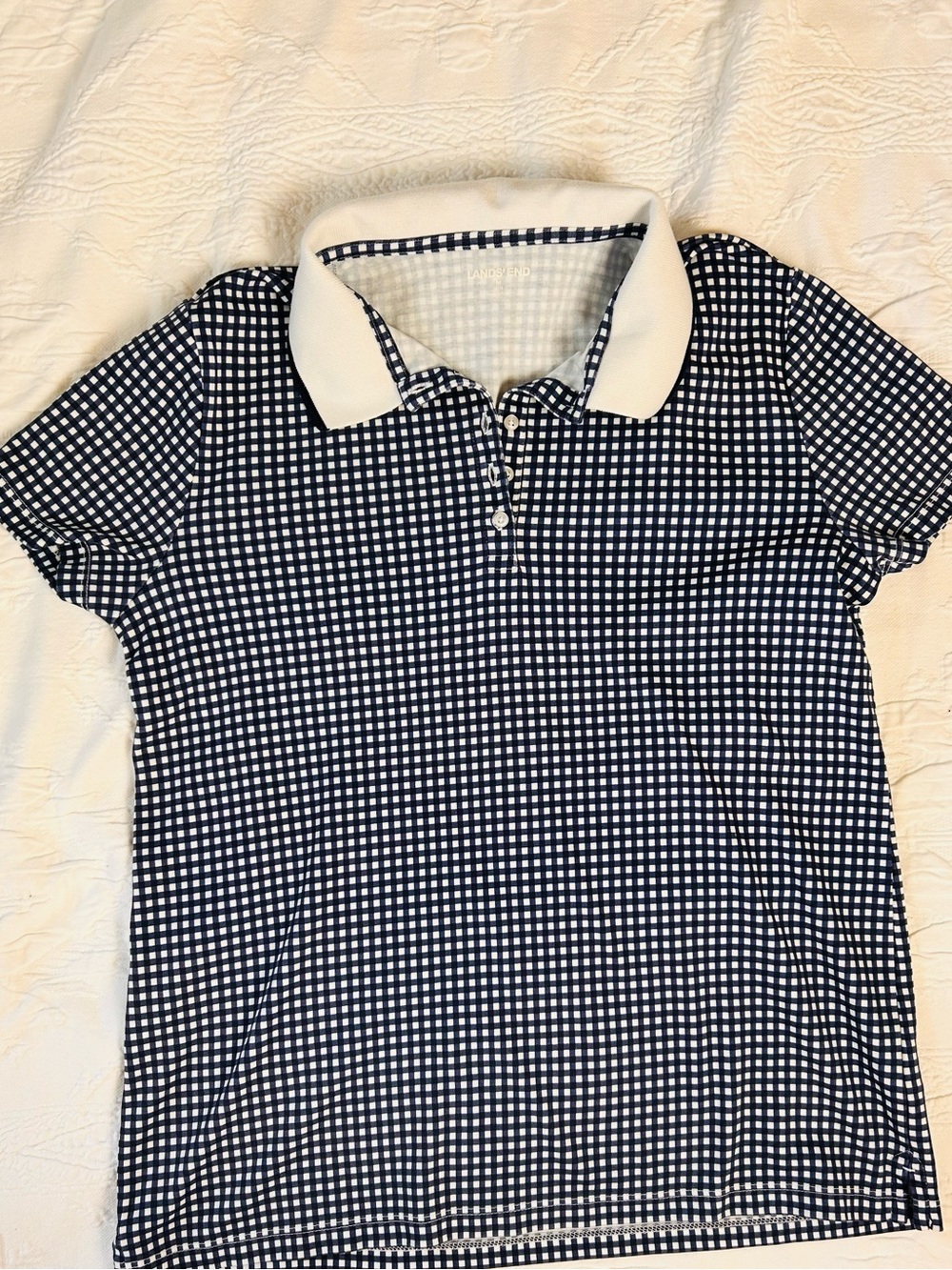 Lands' End Navy Gingham Polo with White Collar